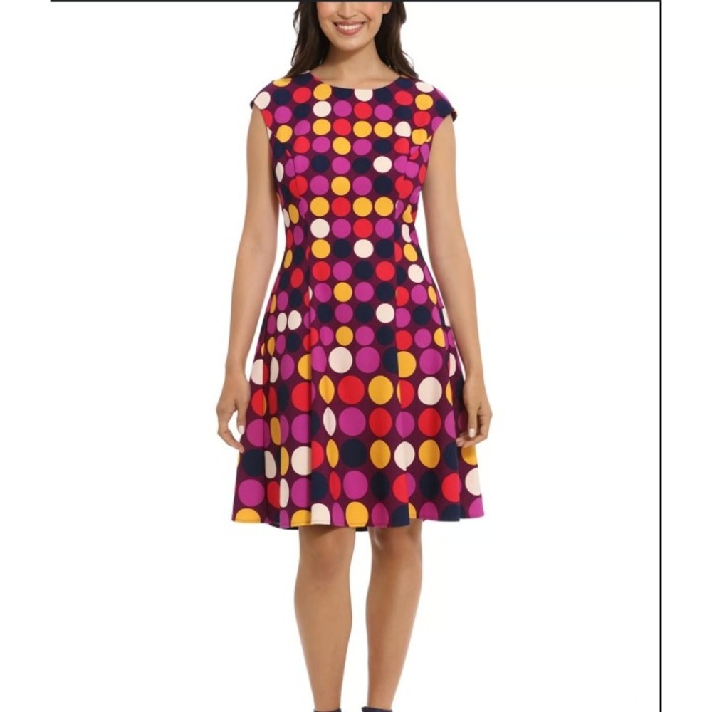 London Times Polka Dot A-Line Knee Length Dress Womens Size 14 Purple Yellow Red